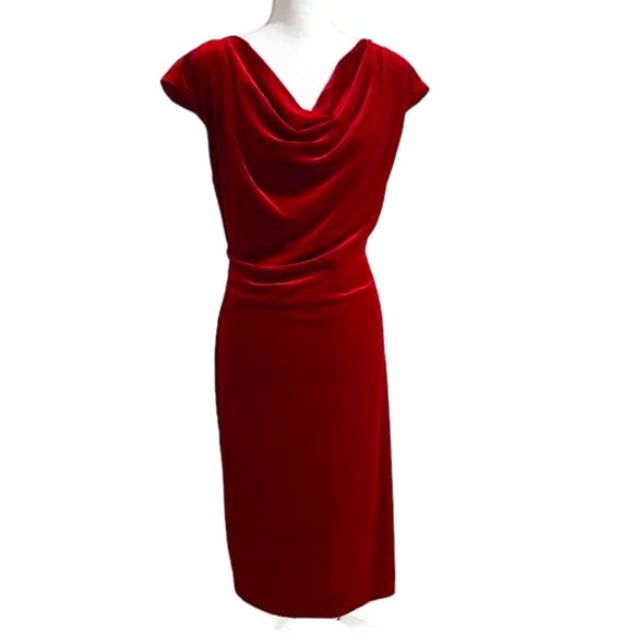 Midnight Velvet Burgundy Cowl Neckline Midi Holiday Event Velvet Dress -… - Picture 4 of 16
